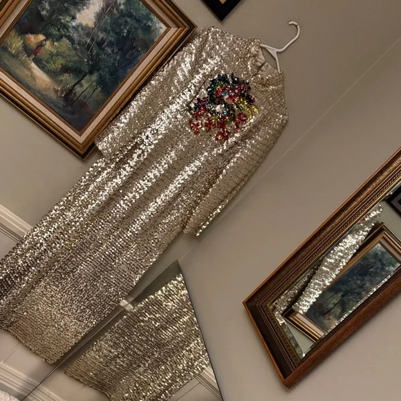 Vintage Silver Dragon 🐉 Holiday Sequin Colorful Embellished Dress Gown S M US 6 - Picture 5 of 6